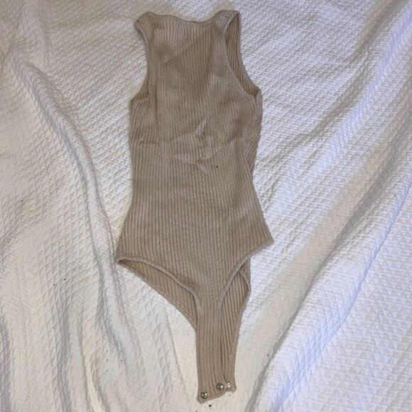 Super Down Neutral Tan V-Neck Ribbed Sweater Bodysuit | Sz S - Picture 3 of 6